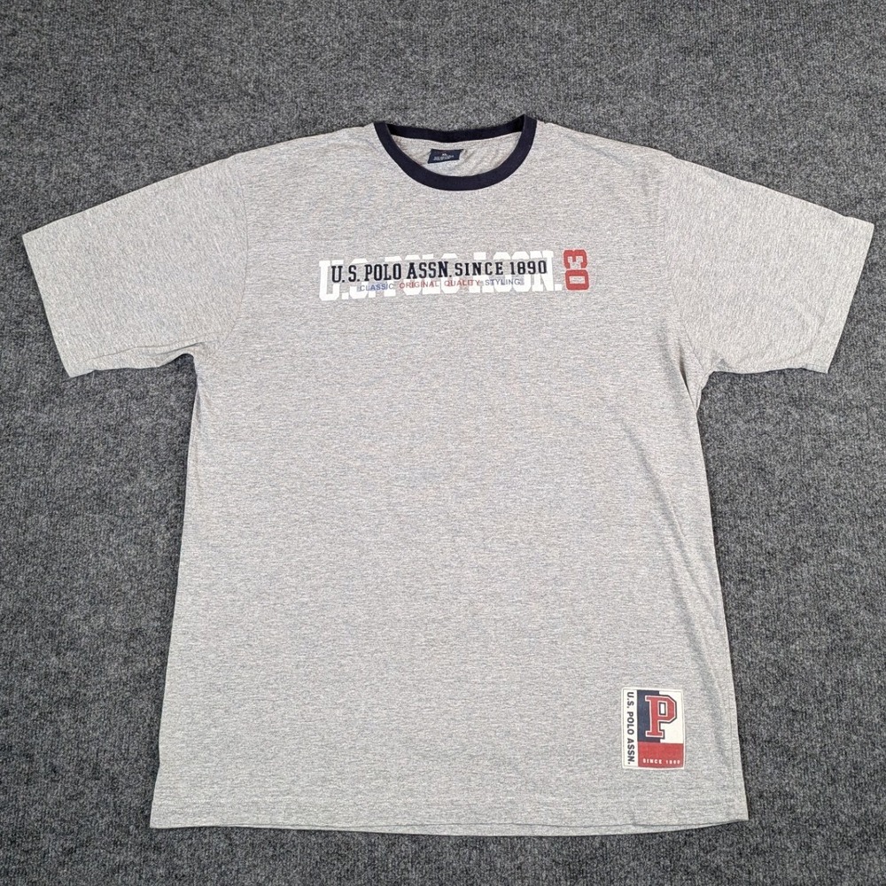 US Polo Assn Mens XL Gray Heather Graphic T-Shirt Short Sleeve Navy Trim